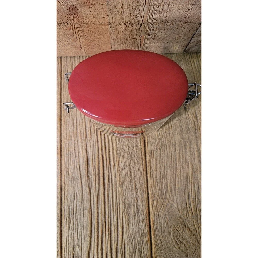 Canning Canister Oval Glass Jar Red Flip Top Wire Clasp Vintage 6.5 Inches Tall